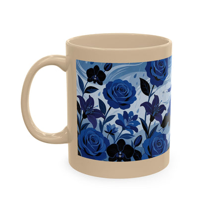 ☔💙 The Lady In The Blue Rain Garden Ceramic Mug – Art Deco Floral Elegance