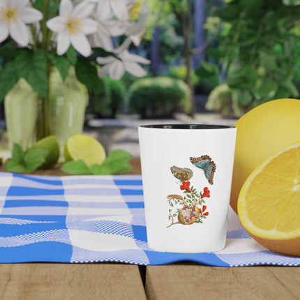 Blue Butterflies and Pomegranate by Maria Sibylla Merian Ceramic Shot Glass