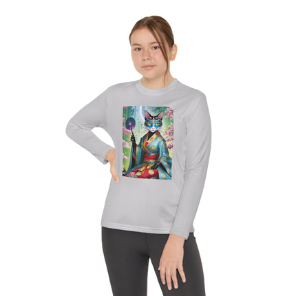 Cyberpunk Geisha Youth Long Sleeve Competitor Tee – Neon Elegance & Futuristic Fantasy