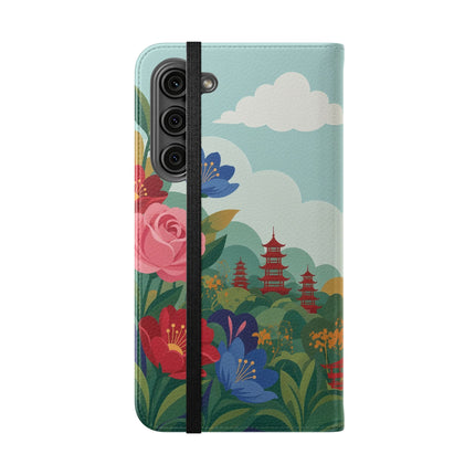 🌸🏯 The Lady Of The Pagoda Garden Flip Case – Art Deco Floral Fantasy