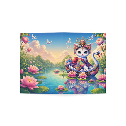 🪷🦢 The Lotus Swan Princess Kitten Greeting Card – Whimsical Garden Elegance
