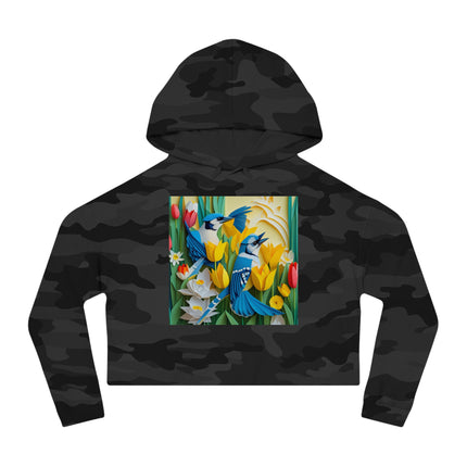 Blue Jays in a Spring Garden Women’s Cropped Hooded Sweatshirt