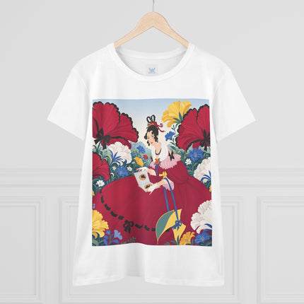 ❤️🌺 The Scarlet Garden Storybook Cotton Tee – Art Deco Floral Elegance