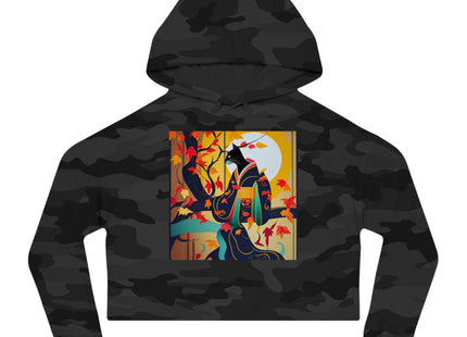 Black Cat in Kimono Women’s Cropped Hooded Sweatshirt