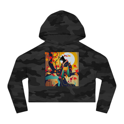 Black Cat in Kimono Women’s Cropped Hooded Sweatshirt