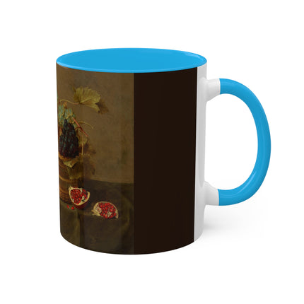 Basket of Grapes and a Pomegranate on a Table by Jacob van Hulsdonck Colorful Mugs, 11oz