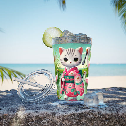 Geisha Kitten Strolls Among the Spoonbills Sunsplash Tumbler with Straw, 16oz