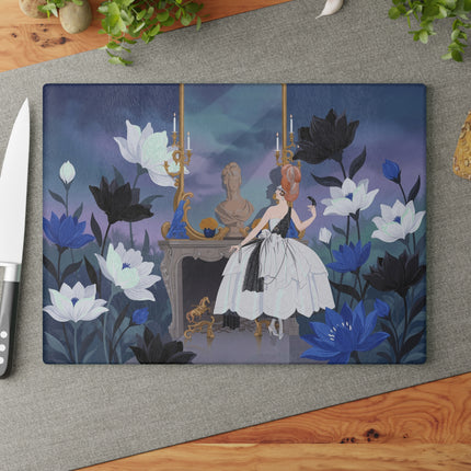🖤💙 The Lady Of The Midnight Blue Salon Glass Cutting Board – Art Deco Floral Elegance