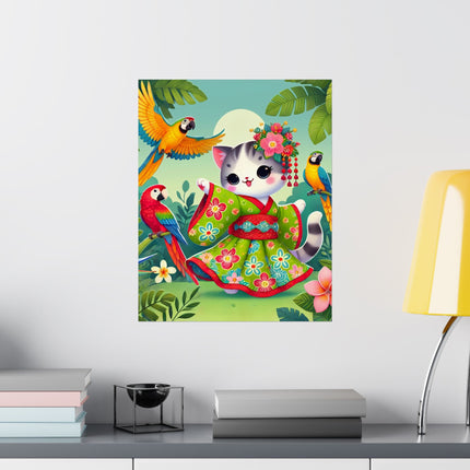 🦜🐱 Parrot Dance of the Geisha Kitten Matte Vertical Poster – Tropical Whimsy & Colorful Charm