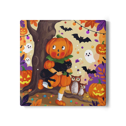 🎃🐈‍⬛ The Pumpkin Child’s Halloween Parade Ceramic Coaster – Whimsical Storybook Charm