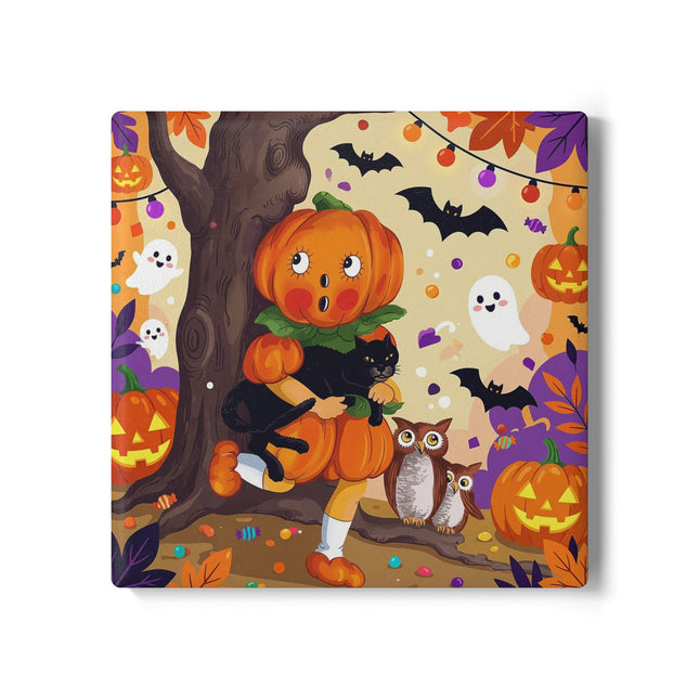 🎃🐈‍⬛ The Pumpkin Child’s Halloween Parade Ceramic Coaster – Whimsical Storybook Charm