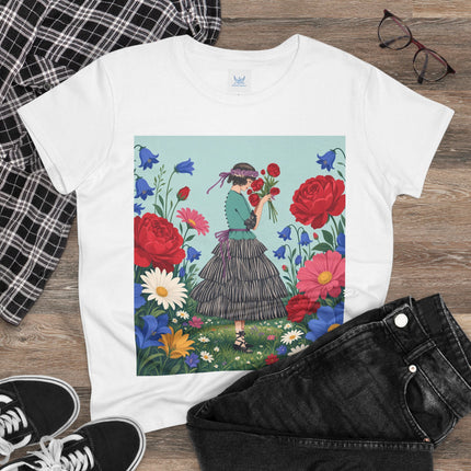 🌹💙 The Rose Bouquet Promenade Cotton Tee – Art Deco Floral Whimsy