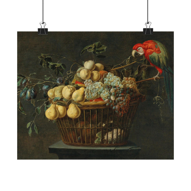Still Life of a Basket of Fruit with a Parrot by Adriaen van Utrecht Matte Horizontal Posters