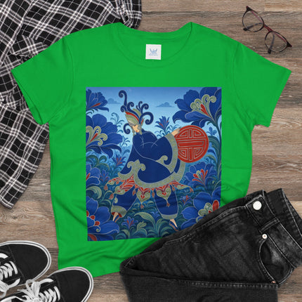 💙🌺 The Imperial Blue Garden Cotton Tee – Art Deco Oriental Elegance