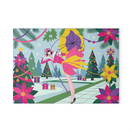 🌂✨ The Lady Of The Enchanted Christmas Garden Glass Cutting Board – Art Deco Holiday Fantasy