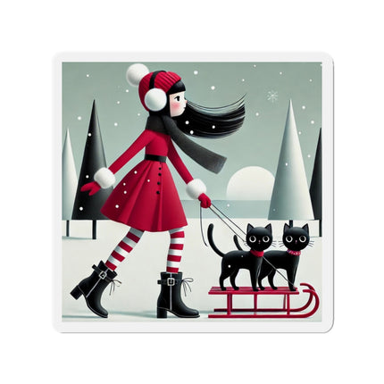 Red Sled & Curious Cats Die-Cut Magnets (5 Sizes)