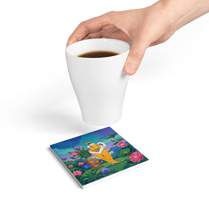 🪷✨ The Lady Of The Golden Lotus Garden Ceramic Coaster – Art Deco Floral Elegance