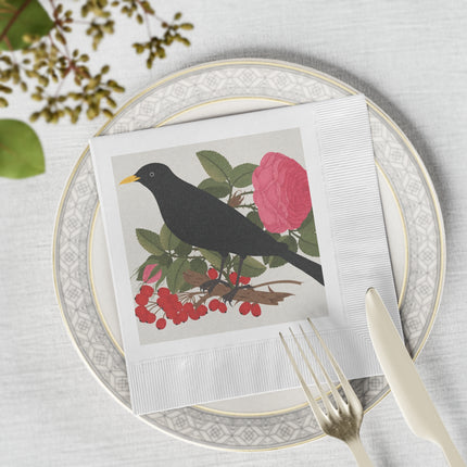 Blackbird & Rose White Coined Napkins – Timeless Elegance & Nature's Harmony