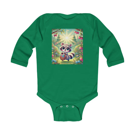 Raccoon’s Berry Basket Baby Long Sleeve Bodysuit – Whimsical Woodland Harvest Design