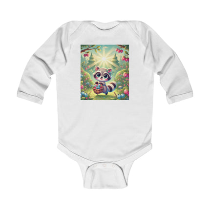 Raccoon’s Berry Basket Baby Long Sleeve Bodysuit – Whimsical Woodland Harvest Design