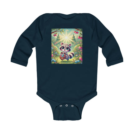 Raccoon’s Berry Basket Baby Long Sleeve Bodysuit – Whimsical Woodland Harvest Design