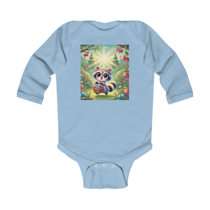 Raccoon’s Berry Basket Baby Long Sleeve Bodysuit – Whimsical Woodland Harvest Design