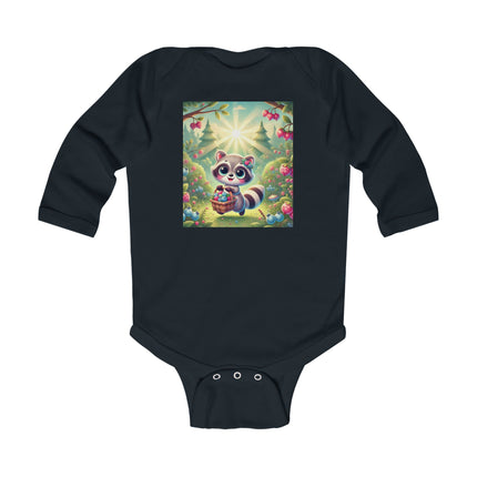Raccoon’s Berry Basket Baby Long Sleeve Bodysuit – Whimsical Woodland Harvest Design