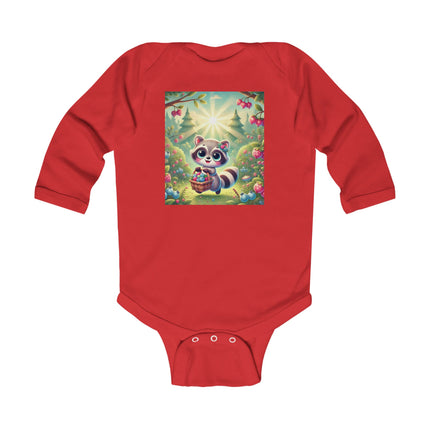 Raccoon’s Berry Basket Baby Long Sleeve Bodysuit – Whimsical Woodland Harvest Design