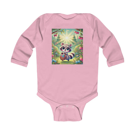 Raccoon’s Berry Basket Baby Long Sleeve Bodysuit – Whimsical Woodland Harvest Design