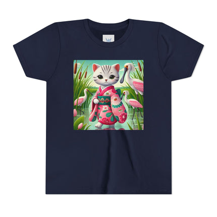 Geisha Kitten Strolls Among the Spoonbills Youth Short Sleeve Tee