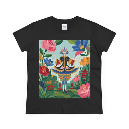 🌸🏯 The Pagoda Garden Enchantress Cotton Tee – Colorful Art Deco Fashion Fantasy