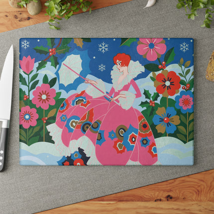 🌺❄️ The Lady Of The Enchanted Snow Glass Cutting Board – Art Deco Holiday Fantasy