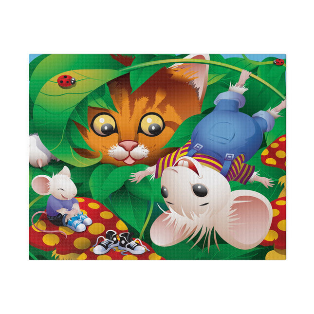 Whimsical Adventure – Playful Cat and Mice in a Colorful Forest