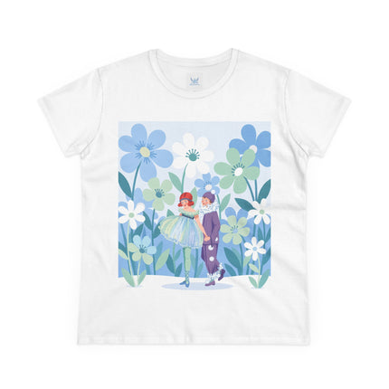 🌸🎭 The Little Dancers In The Flower Garden Cotton Tee – Art Deco Floral Whimsy