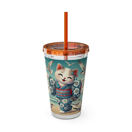 Geisha Kitten by the Seaside Sunsplash Tumbler with Straw, 16oz