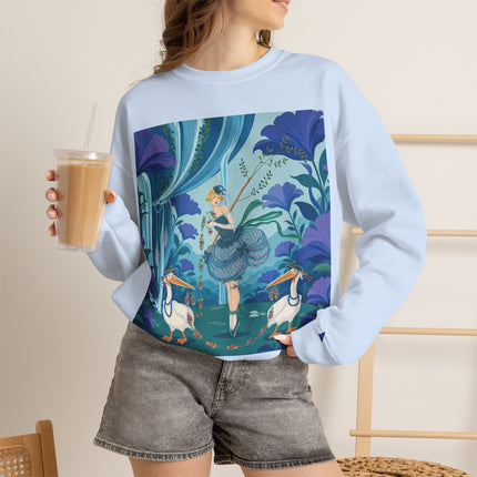 🪶🌺 The Pelican Garden Dance Crewneck Sweatshirt – Art Deco Botanical Whimsy