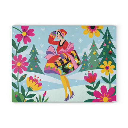 🌸❄️ The Lady Of The Colorful Winter Garden Glass Cutting Board – Art Deco Holiday Fantasy