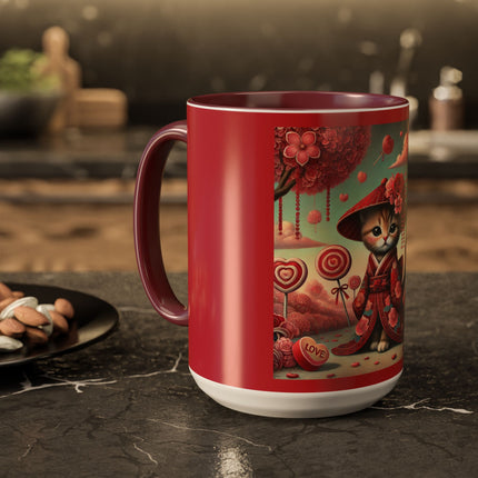 Whimsical Geisha Kitten in a Valentine Garden Colorful Mugs (11oz, 15oz)