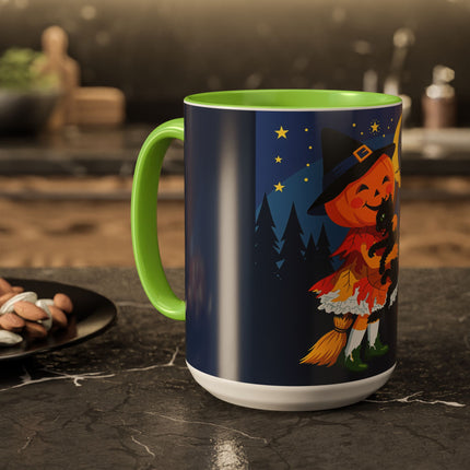 🎃🐈‍⬛ The Little Pumpkin Witch And Her Black Cat Colorful Mug – Whimsical Halloween Charm