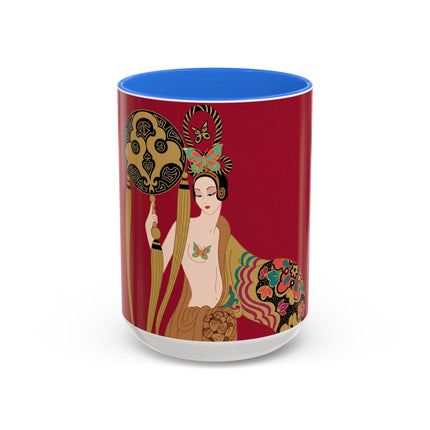 Butterfly Empress of the Crimson Pavilion Colorful Mug (11oz, 15oz) – Art Deco Beauty, Butterfly Elegance & Ornamental Style