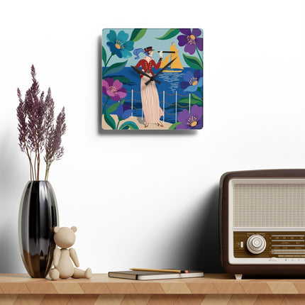 🔭⛵ The Lady Of The Seaside Spyglass Acrylic Wall Clock – Art Deco Coastal Elegance
