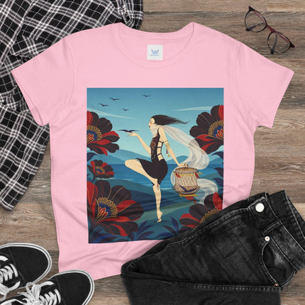 🌊🌺 The Lady Of The Wild Wind Cotton Tee – Art Deco Coastal Fantasy