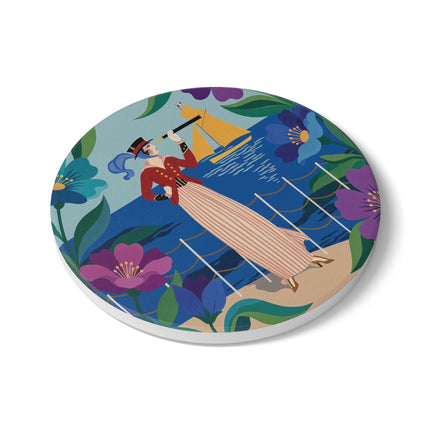 🌊🔭 The Lady Of The Seaside Lookout Ceramic Coaster – Art Deco Nautical Adventure
