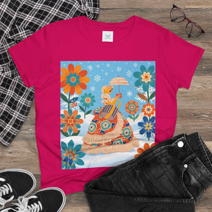 🌼❄️ The Winter Parasol Lady Cotton Tee – Art Deco Floral Fantasy