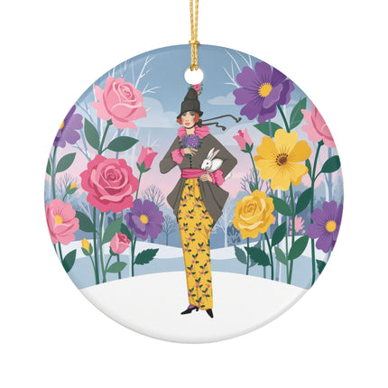 🐇🌸 The Lady With The White Rabbit Ceramic Ornament – Art Deco Floral Whimsy