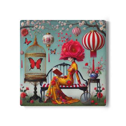 Reading In A Painted Garden Ceramic Coaster