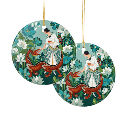 🐉🌿 The Dragon Keeper Ceramic Ornament – Art Deco Floral Fantasy