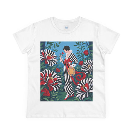❤️🌹 The Scarlet Striped Garden Cotton Tee – Art Deco Fashion Illustration