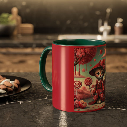 Whimsical Geisha Kitten in a Valentine Garden Colorful Mugs (11oz, 15oz)