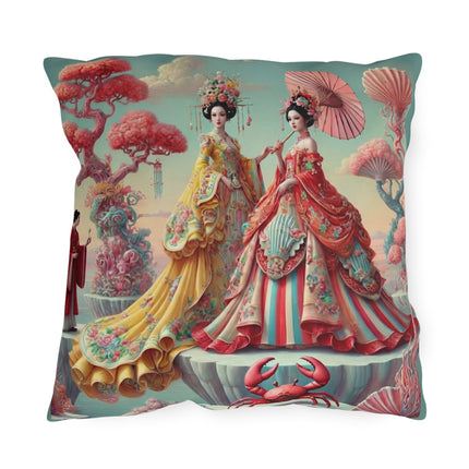 Cherry Blossom Courtesans & Crimson Crab Outdoor Pillows – Imperial Elegance & Playful Charm